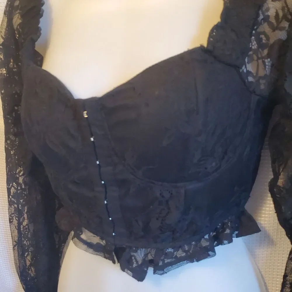 Womens Cropped Corset Puff Sleeve Blouse Sz M Black Lace Witchy Goblin Gothic